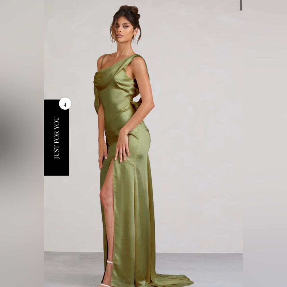 Club L London Jayne Olive Satin Asymmetric Draped Split Maxi Dress